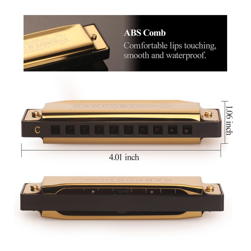 Randon Golden Harmonica Key of C with Case, 10 Holes