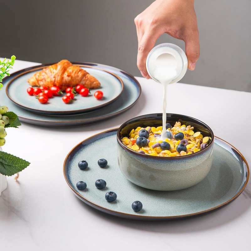 LeRATIO Ceramic Dinnerware Set of 4, Poreclain Plates, Bowls, Handmade