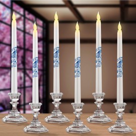 6 Pcs Chinoiserie Flameless Taper Candles Battery Operated 10 Inch LED Flameless Candlesticks Flowers Birds LED Candles Fake Flickering Candles for Kitchen Home Decor Christmas Fall Wedding Party