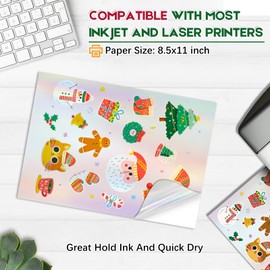 60 Sheets Premium Holographic Printable Vinyl Sticker Paper for Inkjet Printer, Holographic 8.5x11 Printer Paper Waterproof, Dries Quickly, Vivid Colors, Tear Resistant, Great for Cutting Machines