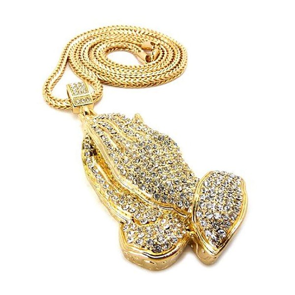 NYFASHION101 Stone Stud Praying Hands Pendant w/ 36" Franco Chain