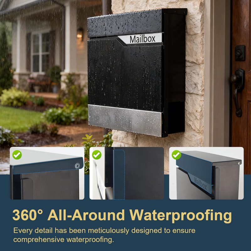 Modern Black Mailbox Wall Mount for Outside, Large Locking Security