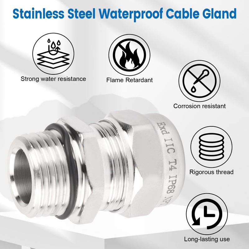 2 Pcs 1/2" NPT Stainless Steel Waterproof Cable Gland, IP68