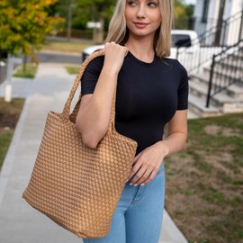 AUACDIY Woven Tote Bag for Women Fashion Woven Bags for Women Shoulder Bag Vegan Leather Handbags Large Work Travel Beach Tote Bags With Purse Apricot