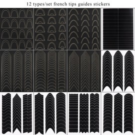 Fcozpjk French Tip Nail Stickers, 12 Sheets Self-Adhesive French Tip Nail Guides V- Shaped Smile Lines Curves French Tip Stencils Nail Wraps French Tip Nail Tool Pegatinas para Uñas