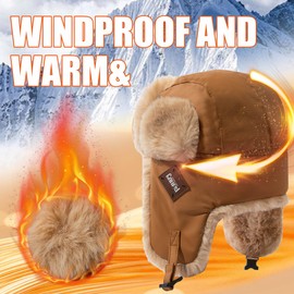 Clakllie Warm Trapper Ear Flaps Hats Russian Fur Hat Trooper Snow Hat Windproof Full Cover Winter Thermal Hats,PL2406-Camel