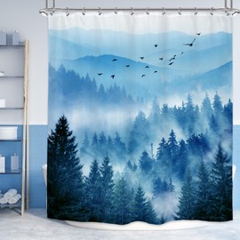 Riyidecor Blue Shower Curtain 72Wx72H Inch Mountain Misty Nature Scenery Scene Navy Park View Natural Foggy Pine Tree Alpine Cool Designer Bathroom Decor Fabric Polyester Waterproof 12 Pack Hooks