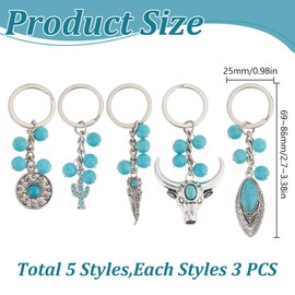 GOMAKERER 15 Pcs 5 Styles Synthetic Turquoise Keychain, Cattle Cactus Charm Pendants Lucky Crystals Stones Ornament Keychain with Split Key Ring for Car Key Bag Decoration