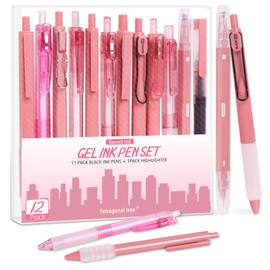12Pcs Gel Pens Set, 11Pack Gel Pens with 1Pack Highlighter - Fast-Drying Black Ink, Fine Point 0.5mm, Retractable, Cute Pens - Garnet Red Aesthetic Gel Ink Pens for Journaling
