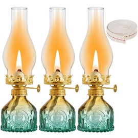 GXFCCYXT 3 Pieces Oil Lamps for Indoor Use Gradient Green Vintage Kerosene Lamp with 39 Inchs 3/8'' Flat Oil Wicks Beautifully Carved Oil Lamp for Home Tabletop Emergency Lighting