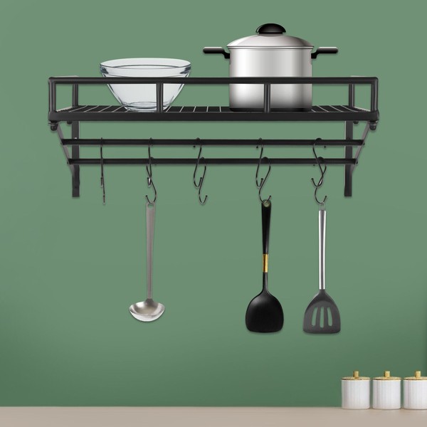 N/A 10 Hooks Kitchen Wall Mounted Storage Shelf for Cookware