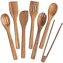 Eisinly Wooden Spoons for Cooking 7-Piece, Kitchen Nonstick Wood Cooking Utensils Set, Durability Wooden Spatula Spoon for Everyday Use, Brown