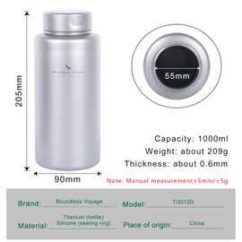 Boundless Voyage Ti3013d Single-Layer Titanium Water Bottle Sports Water Bottle 1000 ml Titanium Leak-Proof Sports Bottle Wide Mouthed Titanium Canteen
