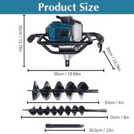 BJTDLLX 52cc Digger, 2-Stroke Single Cylinder Air-Cooled Gas Powered Engine Earth Auger Engine, Post Hole Digger Auger Post Hole Digger w/ 4", 8" Double Spiral Drills & 12" Extension Bar -Style 4
