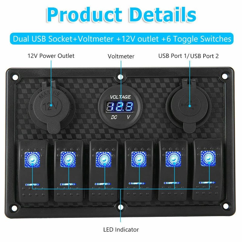 6 Gang 12V Switch Panel LED Light Rocker Circuit Breaker