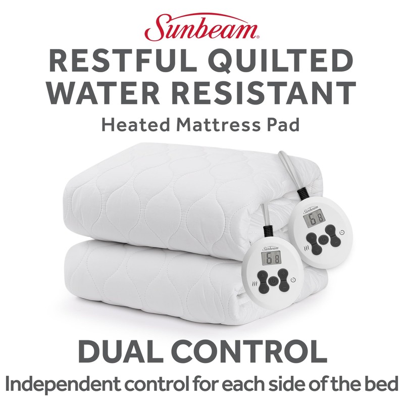 Sunbeam Electric Premium Water Resistant Restful Quilted Heated Mattress Pad,