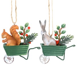 Gisela Graham Resin Resin Hare and Squirrell Decorations on Tin Wheel Barrow Set of 2 Assorted