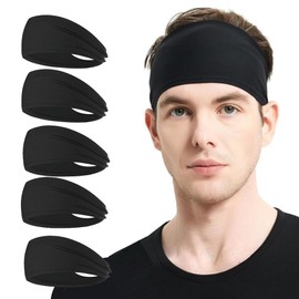 5 Pack Men's Sports Headbands - Sweat-Absorbing Running Headband with Non-Slip Grip, Breathable Workout Band for Gym, Cycling, Basketball, Tennis (Black Set)