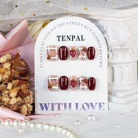 TENPAL Handmade Press on Nails Wine Red Nails Press Ons Short Square Gummy Candy 3d Strawberry Fake Nails with Glue Glossy Glitter Glue on Nails Short 10pcs/box Cute Stick on Nails for Women(XS)