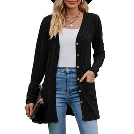 MYCOLORBLUE Old Times Cardigans for Women Elegant Ribbed Cardigan Long Sleeve Button Placket with Pockets Knitted Cardigan, black