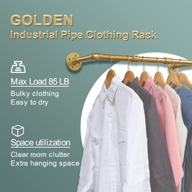 Industrial Gold Pipe Clothing Rack, Wall Ceiling Mounted Clothes Garment Rack 30'', Iron Golden Pipe Clothes Hanging Bar, Heavy Duty Metal Rod for Retail Display Closet Storage