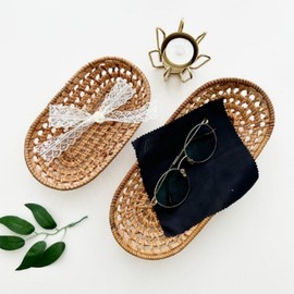 Handmade Small Rattan Oval Tray and Basket Set (2 Pieces) Rattan Tray Set 2ea