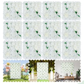 LJIE-House White Flower Wall Backdrop for Wedding - 12Pcs 15x15 Inch Artificial 3D Rose Flower Wall Panel Wedding Background for Party Baby Shower Birthday Decor