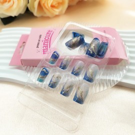 Press on Nails Medium Square Fake Nails Press ons with Gold Foil and Sea Designs Glitter Ombre Acrylic Nails Full Cover Artificial Glue on Nails for Women Girls 24 Pcs