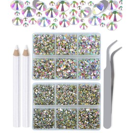 LPBeads 6000 Pieces Clear AB Non Hotfix Rhinestones 6 Sizes Round Crystal Glass Flat Back Rhinestones with Tweezers and Picking Pen for Nail Art Crafts Clothes Bags DIY