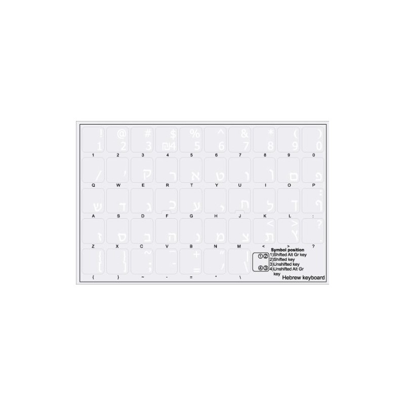 HEBREW KEYBOARD LABELS with WHITE LETTERING ON TRANSPARENT BACKGROUND for