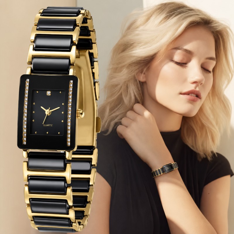 XV12 Rectangular Ceramic Quartz Watch – Black & Gold Date