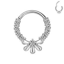 BodyAce 16G Septum Hoop Hinged Nose Rings, High Crafted Conch Helix Earrings for Women Men, Stainless Steel Septum Clickers Lip Piercing Labret Daith Rings [Flower;Hoop:10mm]