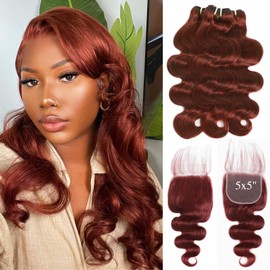 HERMOUS 12A Double Drawn Bundles with 5x5 HD Lace Closure Human Hair Body Wave, 100% Raw Hair Colored #33 Reddish Brown Copper Red Auburn 3 Bundles Human Hair With Closure 5x5 Free Part 12 14 16+12 IN