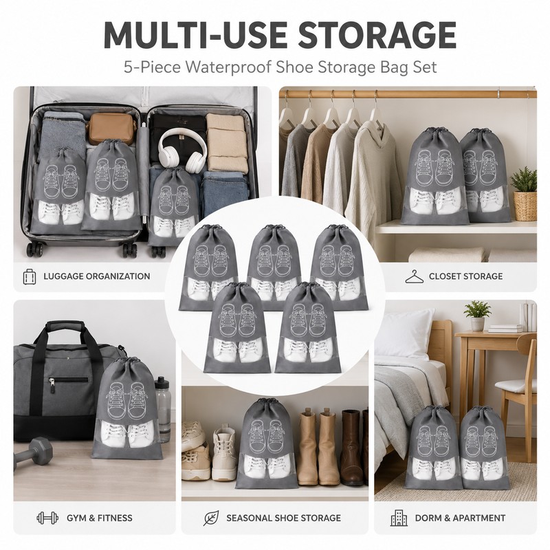 5-Piece Waterproof Shoe Storage Bag Set – Large Capacity Travel