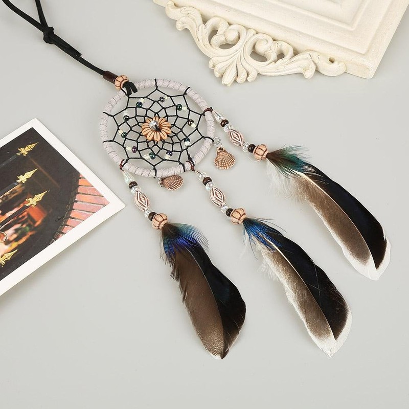 ネイティブアメリカンインディアンドリームキャッチャー、サーキュラーネットドリームキャッチャー付きフェザーシェル車の子供用寝室の壁掛け装飾飾り