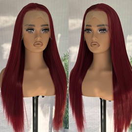 GJRainDY Wine Red Synthetic Lace Front Wigs 13x4 Lace Free Part Long Silky Straight Hair Wigs for Women Burgundy Reddish Brown Color Long Wig Heat Resistant Fiber Hair Glueless Wig 26 Inch