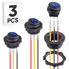 3PCS Waterproof Round Rocker Switch with Shell LED Light SPST ON Off 3Pin 2 Position 20A 12V Toggle Switch with Wires for Home Auto Car Marine Boat, Blue Light