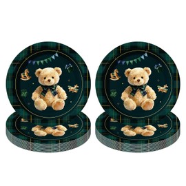 60Pcs Teddy Bear Baby Shower Decorations 7in Green Blue Tartan Party Plates