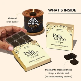 Palo Santo & Copal Smokeless Incense Bricks & Oriental Burner | 2 x 9 bricks | Aromatherapy | Smudging | Made with Essential oils | Natural Air fresheners for home | Spiritual Meditation Accessories