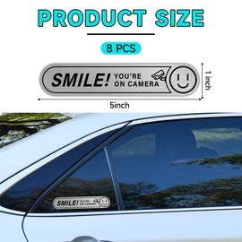 8PCS Smile You're On Camera Sticker for Car, Self Adhesive Brushed Silver Durable Video Surveillance Sign Sticker, Security Camera Sign for Home, Business, Cars and Window（5" x 1"）