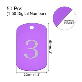 MECCANIXITY Numbered Tag, Aluminum Key Tags Metal ID Tags, 1-50 Number with Ring Purple Rectangle for Decoration, Pack of 50