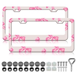 Pink Bow License Plate Frames - 2 Pack Cute Pink License Plate Holder, Stainless Steel Rust-Proof Waterproof Car Decorative Tag Frame with Screws Fasteners Caps