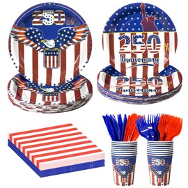 180PCS 4th of July Party Supplies, 250th Anniversary Patriotic Party Tableware Set Serve 30, Red White Blue Plates Napkins Cups Knives Forks for Memorial Independence Day Decorations Supplies