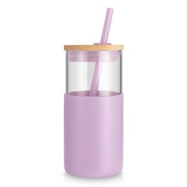 Tronco 16 oz Glass Tumbler with Straw and Bamboo Lid, Iced Coffee Cup Reusable, Smoothie Cups, Tumbler with Silicone Protective Sleeve - BPA Free