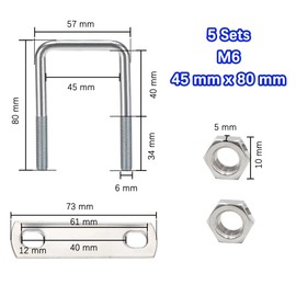 duoyif U Bolt M6 5 Pieces 45 mm x 80 mm U Bolt Square, U-Bolt U Bracket, U Screws Stainless Steel with Nut Frame Plate, U Bolt for Pipe Fixing Car Towing (M6 45 x 80 mm)
