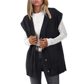LILLUSORY Women V Neck Sweater Vest 2025 Fall Trendy Oversized Sleeveless Long Cardigan Casual Button Knit Vest Dress Tops Winter Fashion Office Work Outfits Cute Clothes Outwear Black S