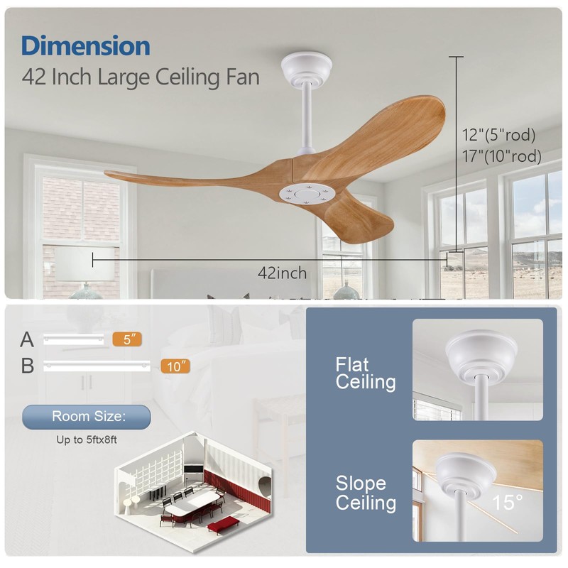 BOJUE Ceiling Fan without Light,42 Inch Modern Ceiling Fan no