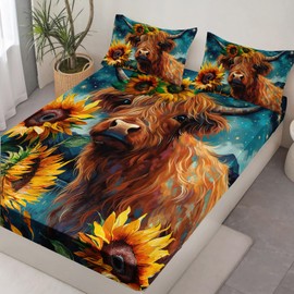 HOSIMA Western Farmhouse Animals Cow and Sunflower Bedding Set 3Pcs with 2 Pillowcases,Highland Cow Print Bed Set Twin Fitted Sheet,Floral Bedding Set Galaxy Star Moon Fitted Sheet.