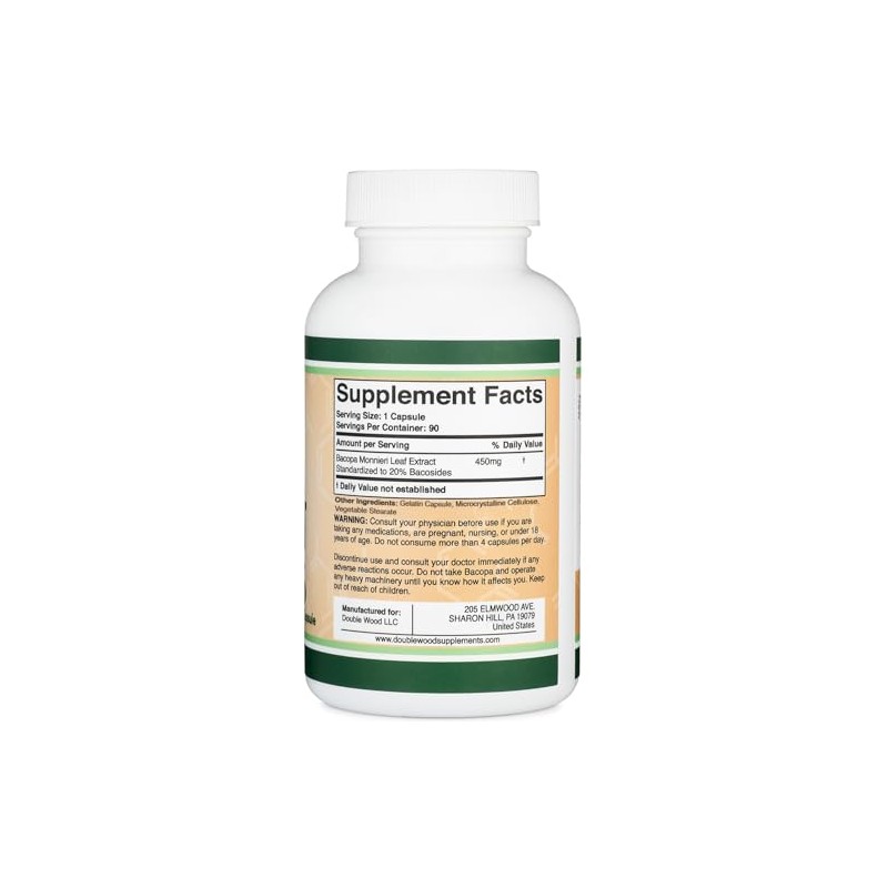 Double Wood Supplements Cápsulas Bacopa Monnieri, Sin Omg, Sin Gluten,