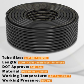 CheeMuii 100 FT 1/2" Double Layer DOT Air Line Premium PA12 Nylon 1/2 Pneumatic Tubing SAE J844 DOT Air Hose 31 Meter 1/2 Inch OD Pneumatic Air Tubing Pipe Hose Line